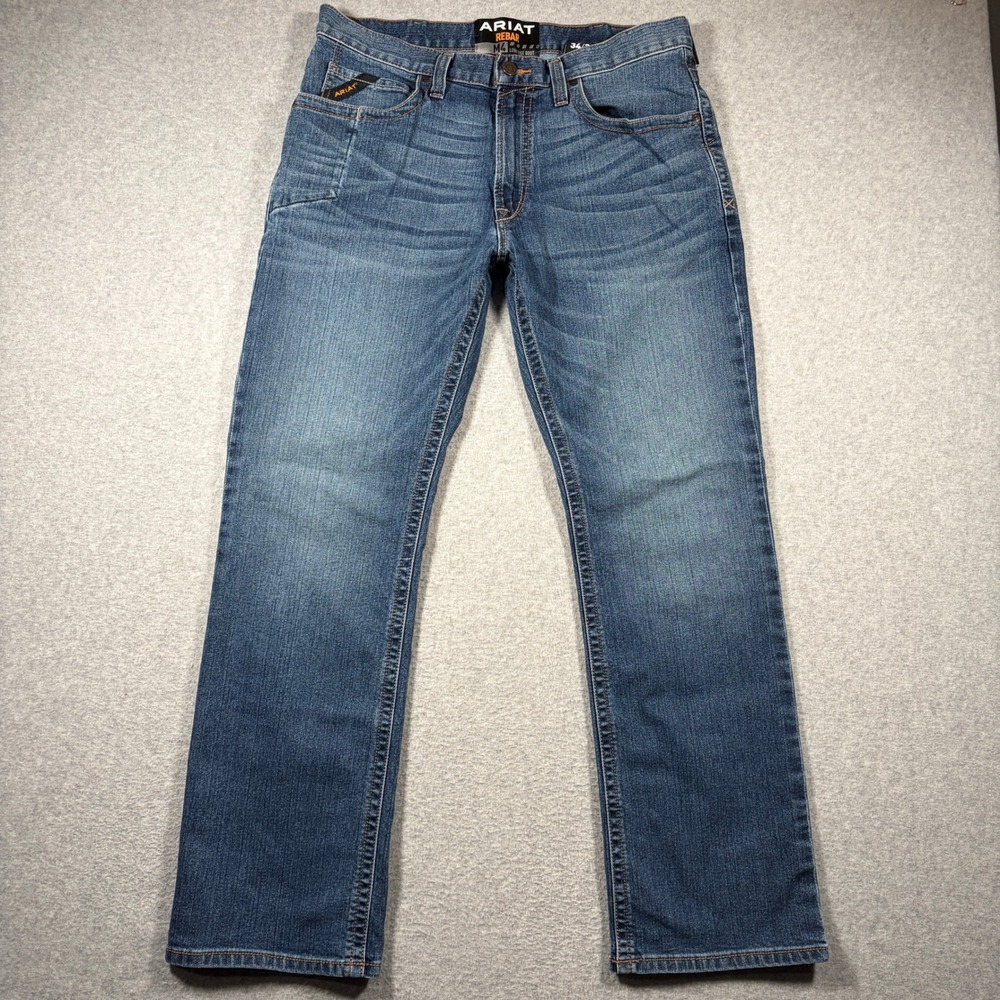 Ariat Rebar M4 Low Rise Boot Cut Jeans Mens 34x32 Blue Denim Workwear Pants